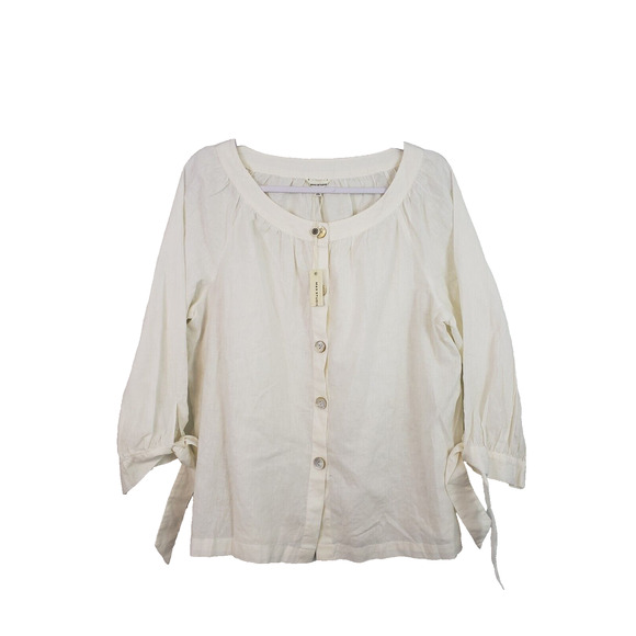 (N) Max Studio Blouse Top Women's Size L Button Linen Blend Tie Sleeve White Off - Picture 1 of 7